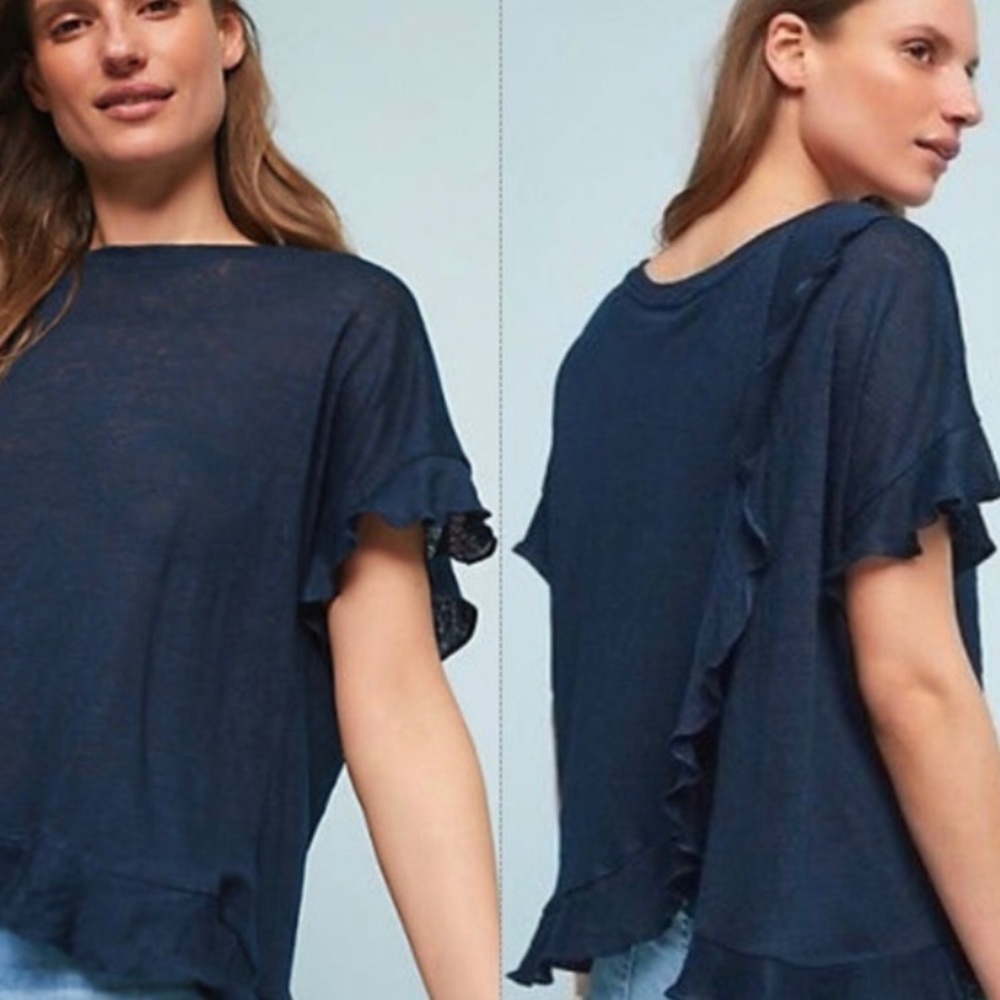 Anthropologie Eri + Ali Size Small Linen Top Tulip Back Ruffle Navy Blue